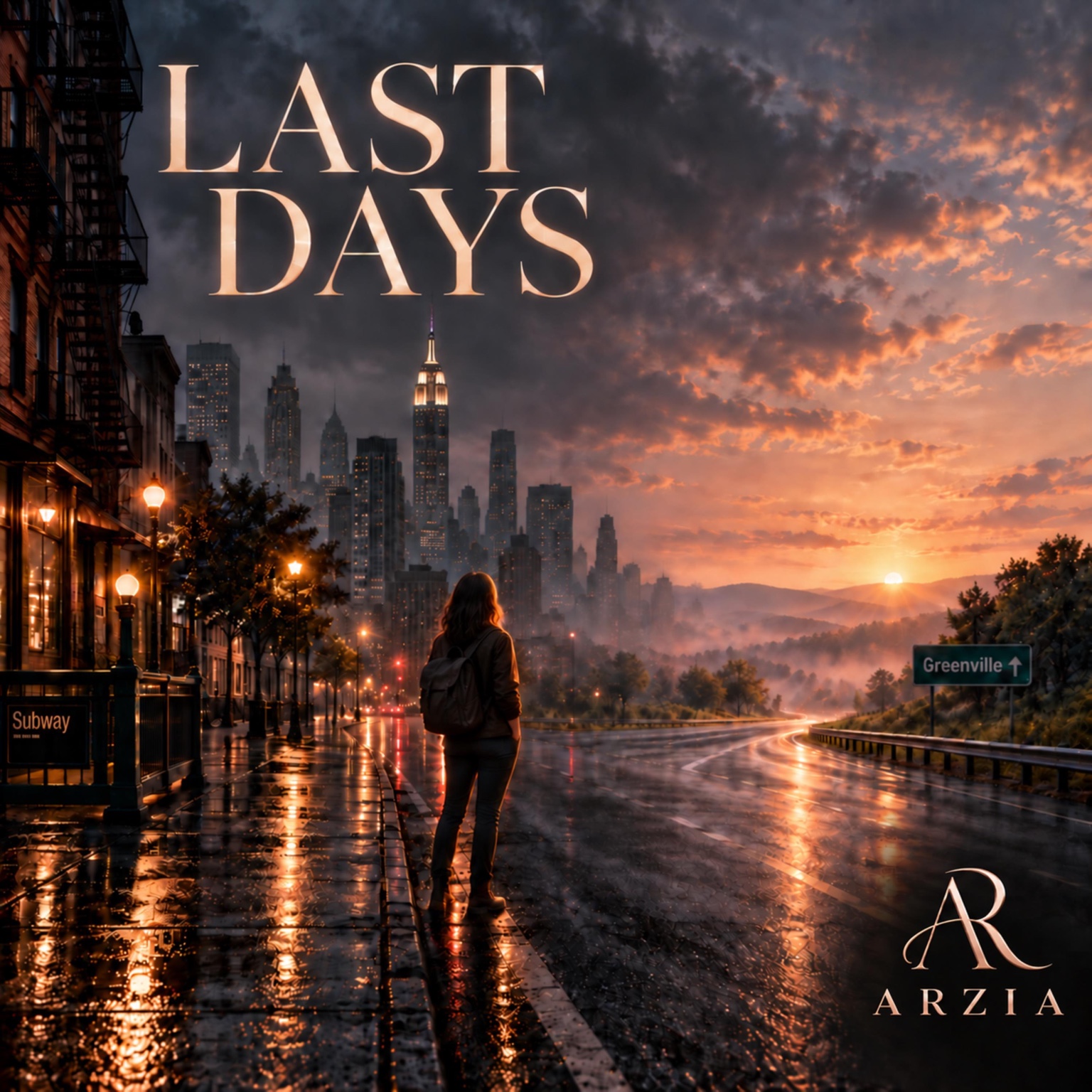 Last Days single cover — a rain-soaked New York street meets a sunrise over the countryside, with the Arzia logo